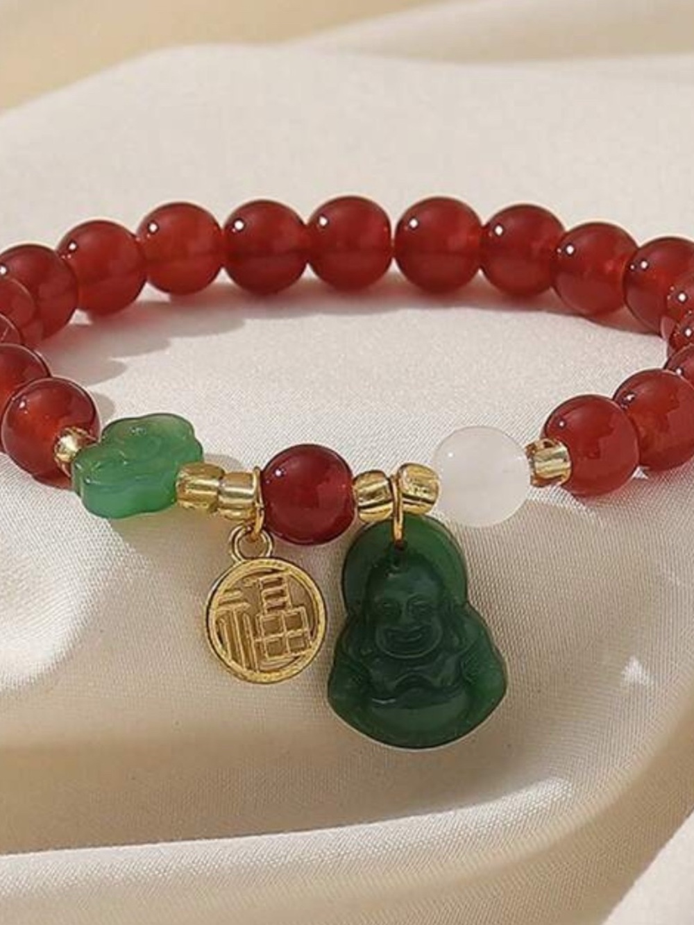 Red Agate Beaded Bracelet with Green Jade Buddha Charm - Unbranded
